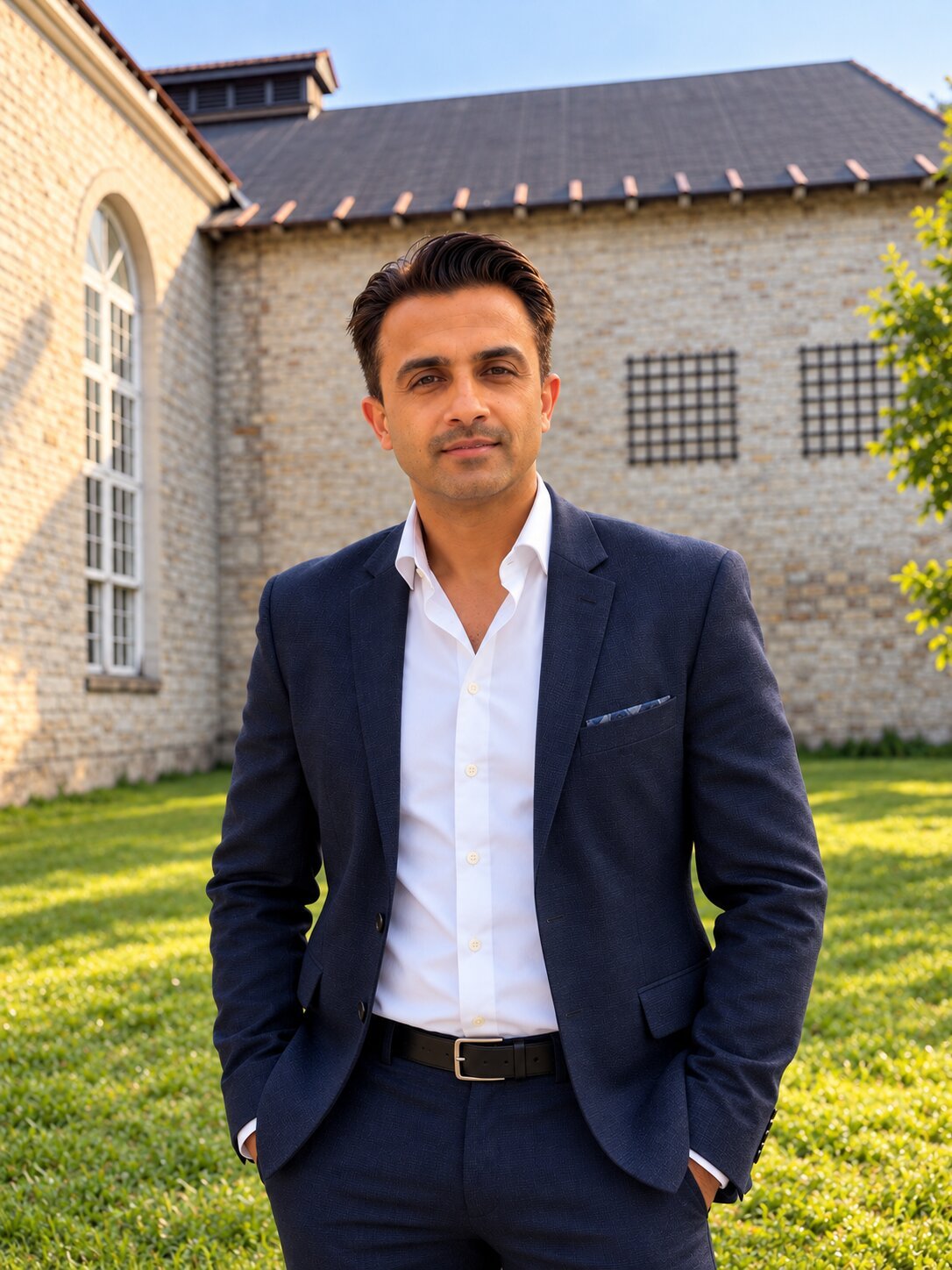 Portrait of Shanky Gondal, standing outdoors in a navy suit and white shirt in front of a brick building